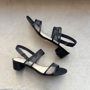 Nina New York Women 9M Black Satin Mesh Low Block Heel Slingback Sandals Classic